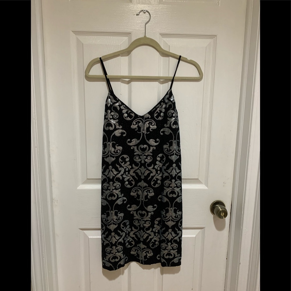 Spaghetti strap black and silver sequin dress